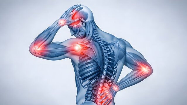 Human skeletal anatomy with multiple joint pain locations. Rheumatology and chronic pain diagnosis. Back view of male figure with red glowing points on spine and arm joints