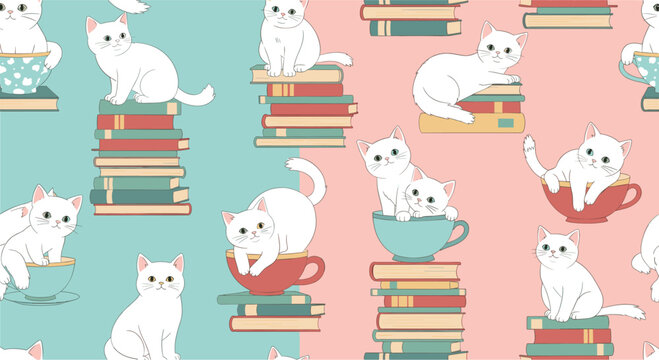 Seamless pattern of playful white cats sitting on stacks of books and hidden inside large teacups on a split colored background.