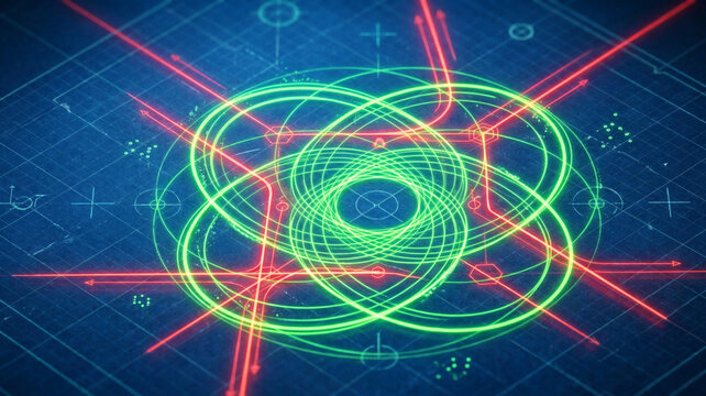 Abstract top-down blueprint grid with concentric green neon circles and intersecting red vector arrows