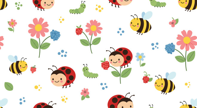 Cute seamless pattern for children featuring friendly bees, ladybugs, and caterpillars among colorful garden flowers and berries.