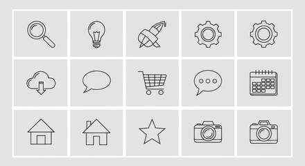 Collection of Outline Icons: Search, Idea, Rocket, Gears, Cloud, Chat, Cart, Calendar, Home, Star, Camera © yollandanj