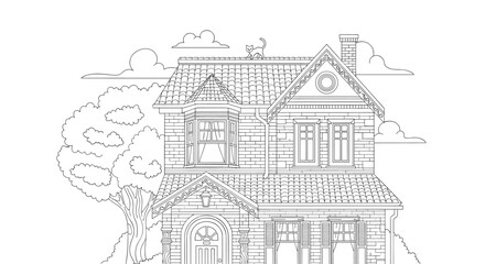 Naklejka premium Detailed black and white line drawing of a large Victorian style house with a tall tree and a cat sitting on the roof.