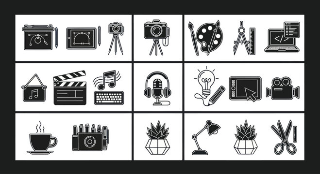 Creative Tools Icon Set: Design, Music, Photography, Video, Art, Office and More