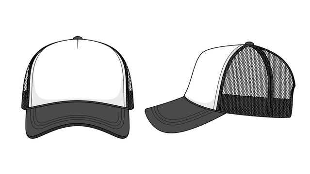 Front and side view technical templates of a mesh trucker cap for apparel branding and design mockups on a white background.