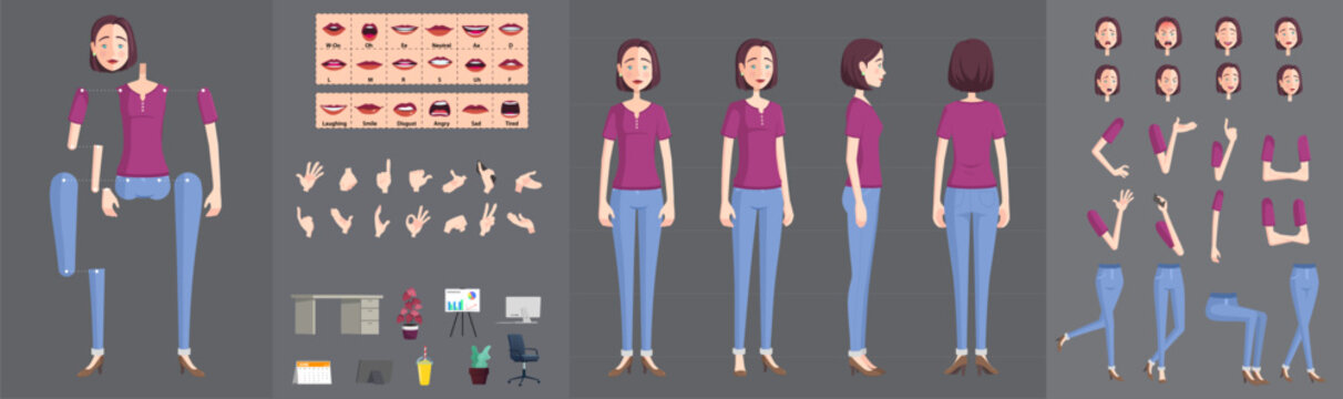 Business Woman Character Constructor Kit for 2D Animation with Poses, Expressions, and Office Props