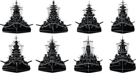 Military battleship silhouette set featuring naval warship icons, front view vessel outlines, armored navy destroyer graphics, and maritime combat vector illustrations. © Boby