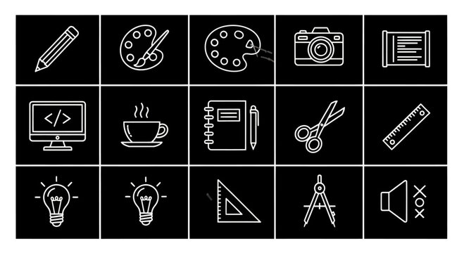 Creative Tools and Icons Set: Design, Art, and Development Symbols on Black Background