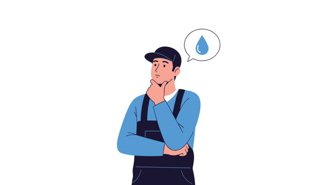Plumber character thinking about a potential water leak while standing in work clothes with a thought bubble showing a blue water drop.