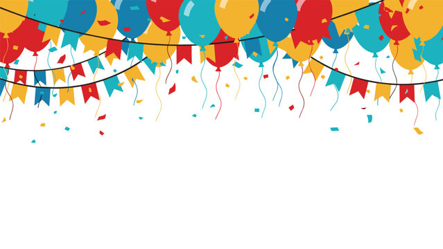 Vibrant and festive party background with colorful balloons and hanging bunting flags across the top of the frame.