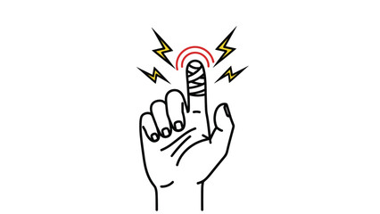 Fototapeta premium Illustration of a human hand with a bandaged index finger and yellow lightning symbols depicting sharp pain from a minor injury.