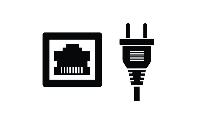Pair of black icons representing a local area network ethernet port and a standard two-prong electrical power plug with a cable.