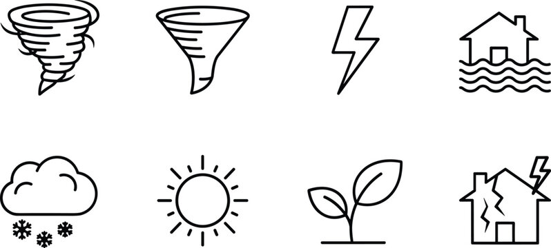 Weather disaster icons set, natural hazard illustration, climate change graphics, environmental awareness, emergency preparedness, storm symbols, tornado, flood, lightning, ecology design