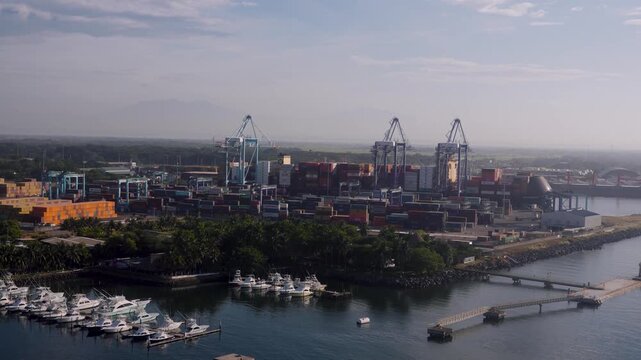 Aerial view of a cargo port quetzal terminal and marina, guatemala