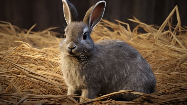 Small gray-brown rabbit perched among golden straw in a sunlit barnyard setting