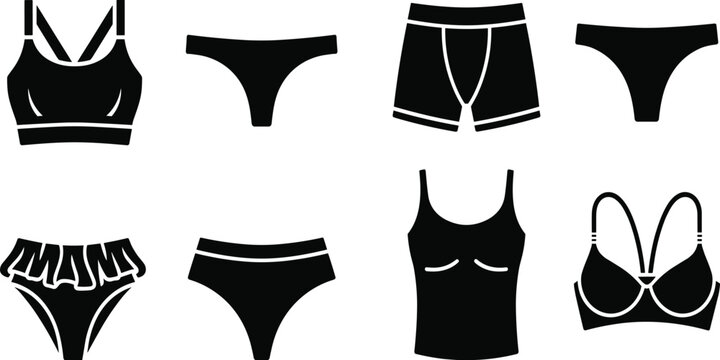 Black silhouette collection of diverse men and women underwear and swimwear featuring bras panties boxers and tank top isolated on white for fashion retail store.