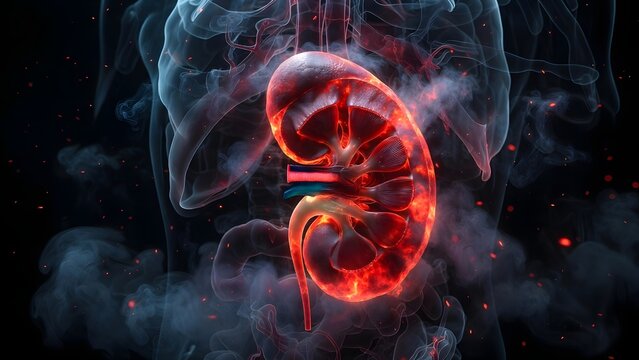 Internal view of inflamed kidney in human torso. Nephritis and renal health complications. Anatomical representation of a burning kidney within the body cavity for medical research