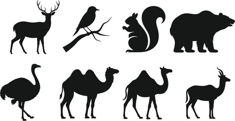 Black silhouette collection of diverse wildlife animals including deer bird squirrel bear ostrich camel and antelope isolated on white background for nature design concept. © Mehedi