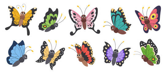 Obraz premium Cartoon butterfly children vector set. Collection of cute colorful butterflies, spring and summer insects, and flying characters for kids or nursery design.