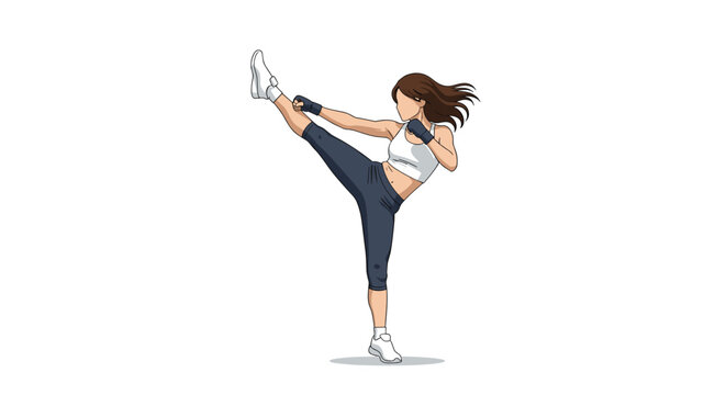 Strong athletic woman in fitness gear executing a powerful high kick during a martial arts or cardio kickboxing workout.