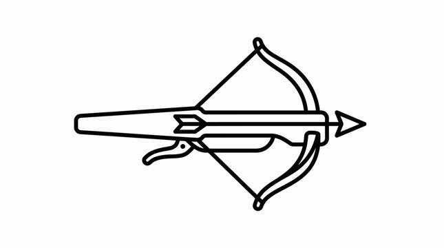 Simple line art illustration of a classic crossbow with an arrow loaded, depicted in a minimalist black and white style.