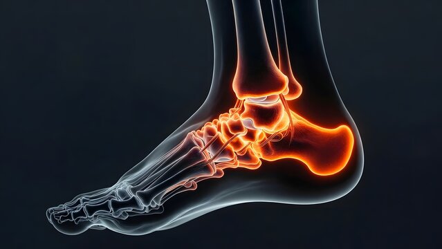 Heel pain and calcaneus bone injury illustration. Plantar fasciitis and orthopedic medical condition. Human foot anatomy with glowing red area indicating inflammation and heel spur