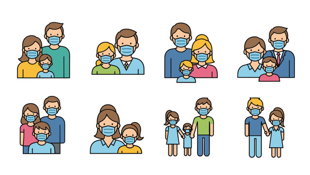 Large collection of diverse family groups and couples all wearing protective blue face masks to stay healthy.