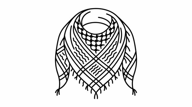 Line art illustration of a traditional Middle Eastern keffiyeh headscarf with intricate patterns and tassels, depicted in black and white.