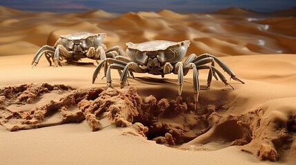 Fototapeta premium Two Pale Desert Crabs Scuttling Across Red Sand Dunes Under Bright Sky