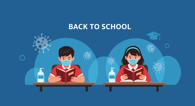 Boy and girl students wearing medical face masks and reading books at school desks with hand sanitizer and virus icons.