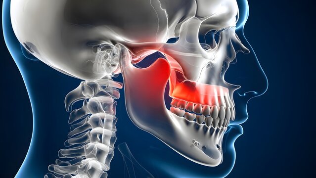 TMJ jaw pain and dental joint inflammation. Dentistry and maxillofacial surgery medical concept. Human skull profile showing a glowing red mandible joint indicating jaw ache or grinding