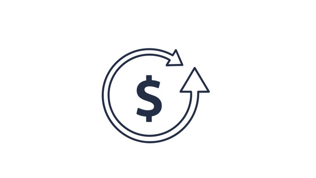 Dollar sign enclosed by two circular arrows representing money circulation financial exchange or recurring payment concepts on white background.