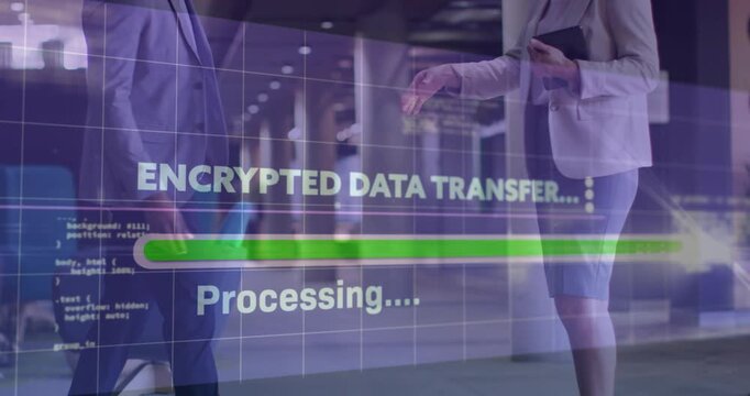 Biz duo walking hall progressbar filling causing encrypted transfer, tablet shaking closing deal