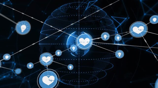 Central heart core pulsing, emitting nodes and linking lines, forming expanding health-data network