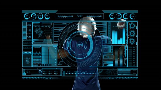 Football player touching HUD gauge in studio, HUD updating stats for sports, football appearing