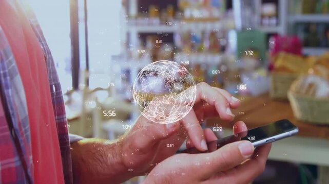 Hands tapping and swiping phone, hologram forming and pulsing, numbers orbiting showing sales data