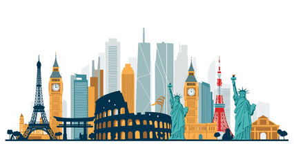 Obraz premium Panoramic skyline featuring famous global landmarks like the Eiffel Tower Big Ben Colosseum and Statue of Liberty for travel concepts.
