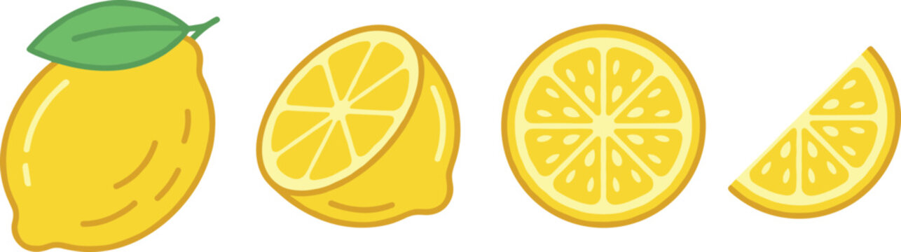 Lemon Fruit Slice Vector Set. Lemon fruit vector set with whole lemon slices and segments isolated fresh citrus food illustration