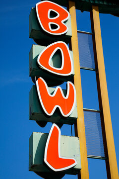 San Bernadino, California.Vintage bowling alley sign retro roadside Americana signage