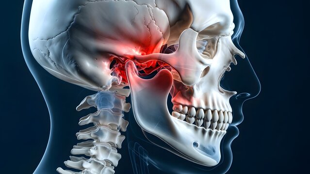 Mandible jaw pain and dental skeletal anatomy. Maxillofacial surgery and TMJ disorder diagnosis. Human skull with glowing red joint area showing inflammation and facial bone trauma