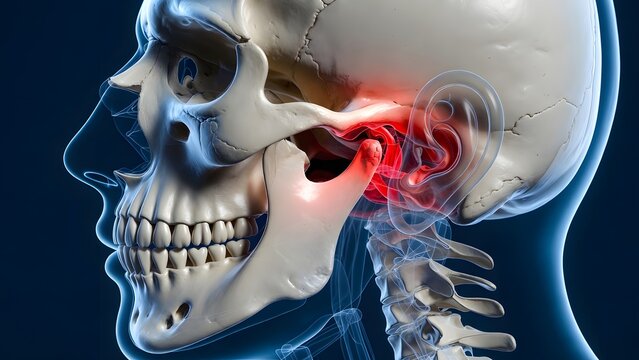Human jaw joint pain and dental bone structure. Maxillofacial medicine and orthopedic health. Transparent skull showing red glowing inflammation at the mandibular joint