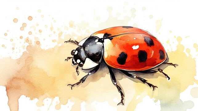 Vibrant watercolor illustration of a red ladybug roaming on a warm yellow-orange splash