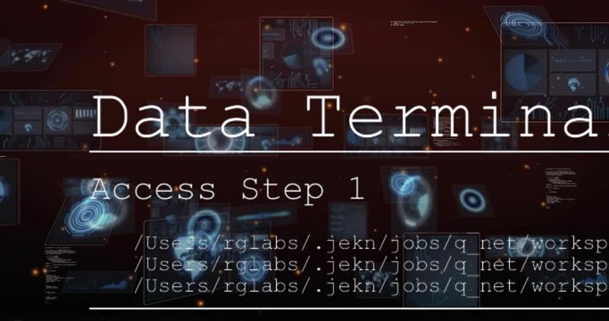 Cmd starting Data Terminal and Access Step 1 animating HUD drifting paths scrolling showing access