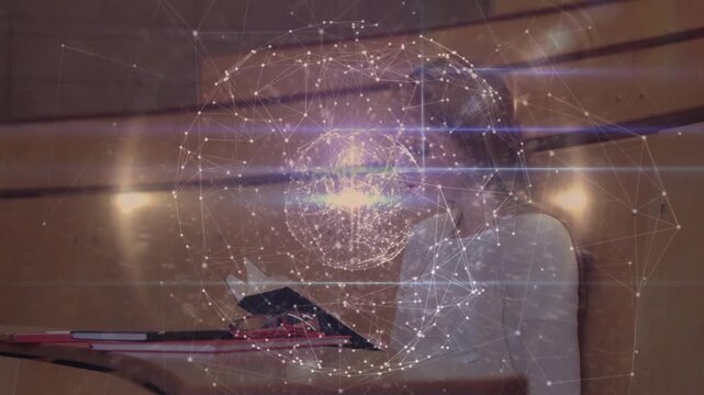 Female student reading open book for study, animated globe appearing and highlighting notes