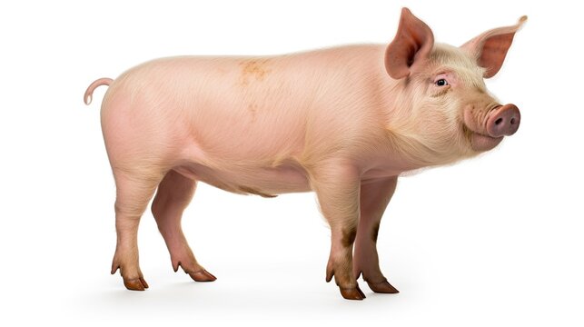 Young pink domestic pig standing in profile with neutral expression on white background