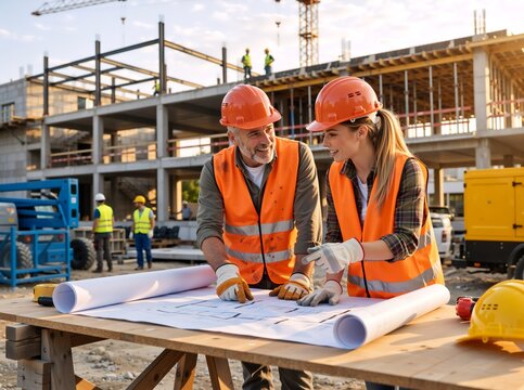 Male and female construction workers discussing blueprints at building site. Architect and engineer planning project at sunset. Teamwork and collaboration in industrial architecture