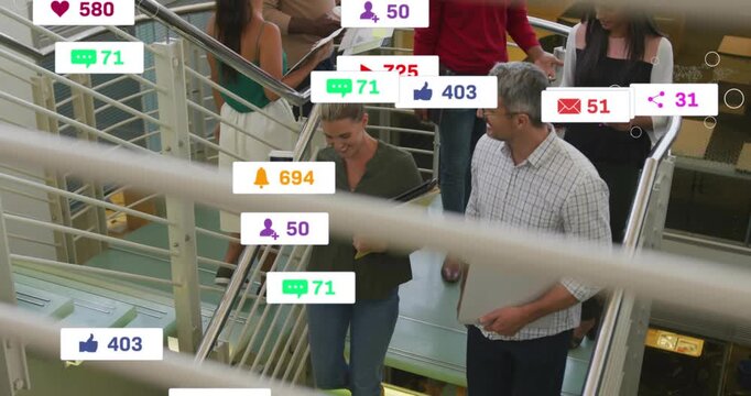 Woman checking smartphone with peer walking stairs, sparking floating alerts around for marketing