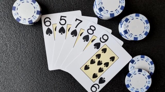 Playing cards and chips on a table, a gambling game of poker. Cards and chips on a gaming table as a background for your design