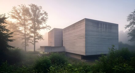Obraz premium Modern Concrete Architecture in Foggy Morning Landscape