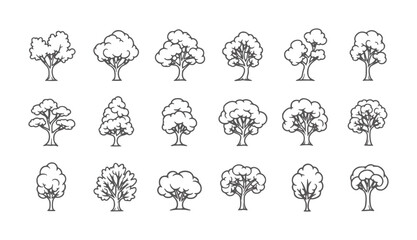 Collection of diverse stylized tree with dark outlines white nature plant © Mollica