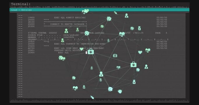 Network node graph integrating with retro terminal, code streaming causing nodes pulsing to monitor